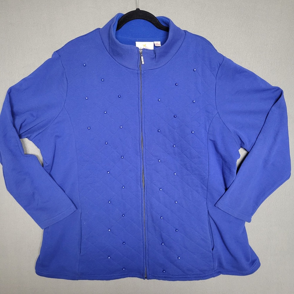 Quacker Factory Womens Fleece Jacket Royal‎ Blue Quilted Pearl Zip Front  2X